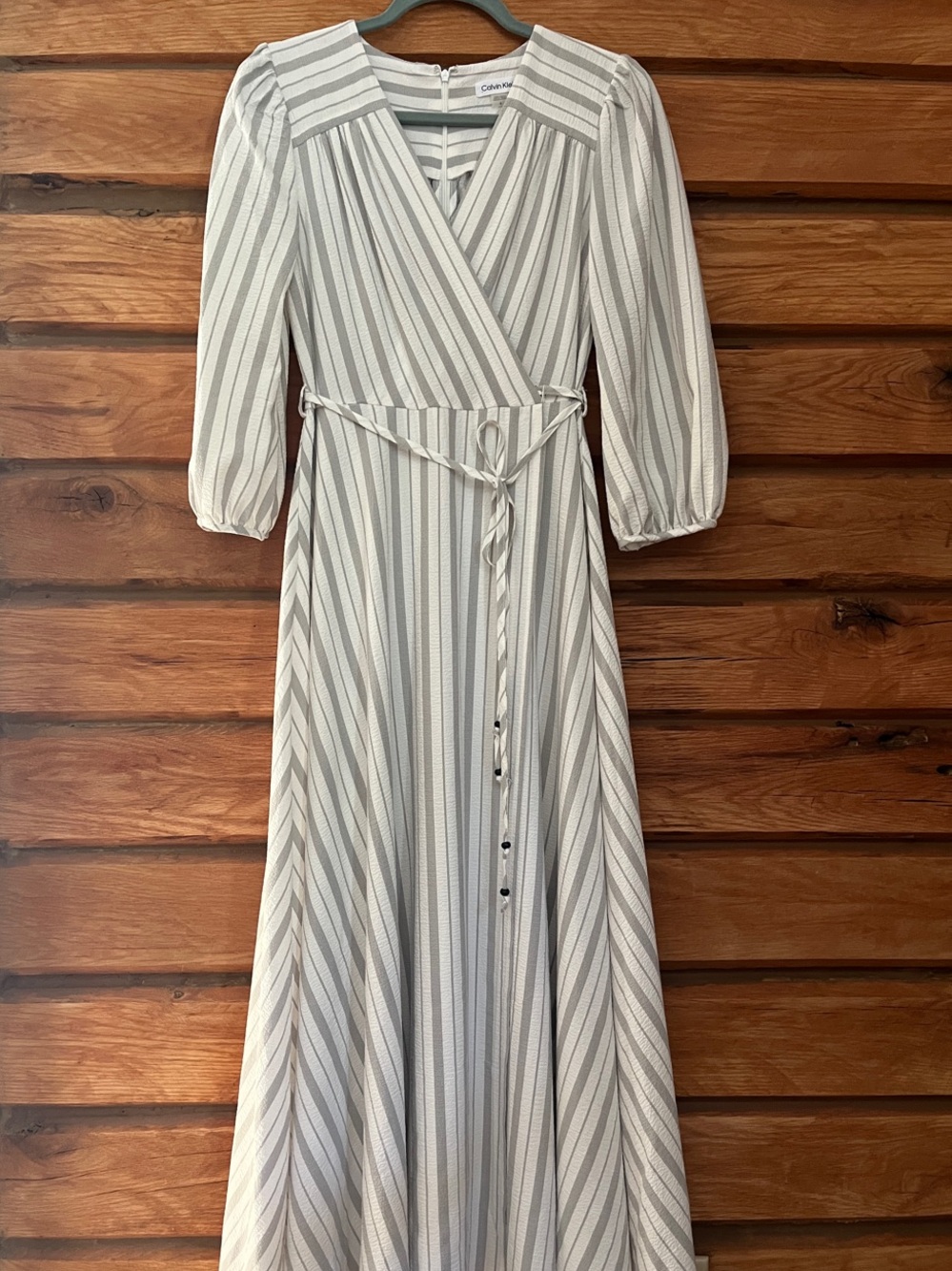 Calvin Klein Striped Wrap Maxi Dress - Light Gray & White